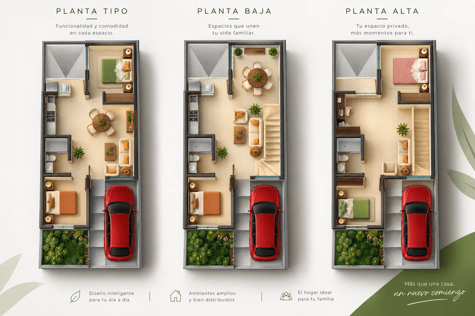 Plantas de la casa con opción de crecimiento a 2 niveles y 3 recámaras